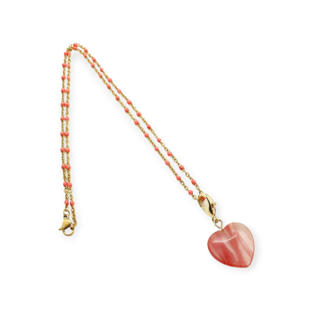 necklace steel gold chain with pink bead and pink heart2